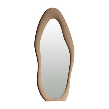 Grand miroir sur pieds forme organique avec cadre velours beige