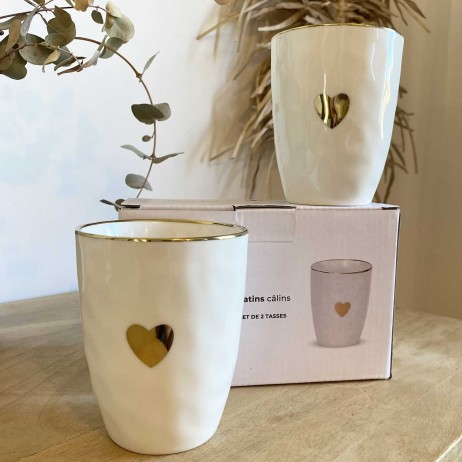 Coffret 2 tasses en faïence blanc et doré